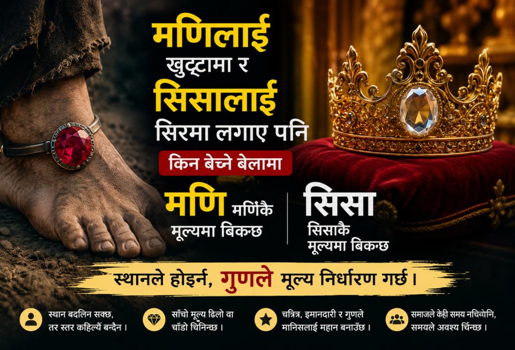 मणि र सिसाको तुलना गर्दै मानिसको वास्तविक मूल्य र चरित्रबारे जीवन दर्शन प्रस्तुत गरिएको प्रतीकात्मक चित्र।